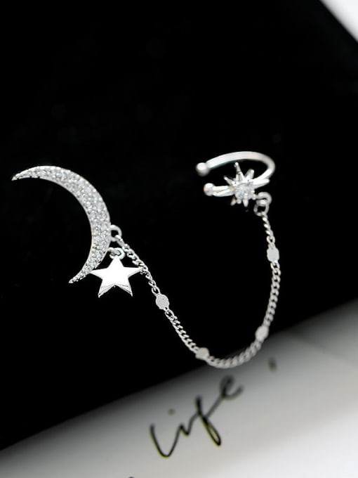 Platinum [star moon] Brass Cubic Zirconia Star Trend Ear Chain Earring